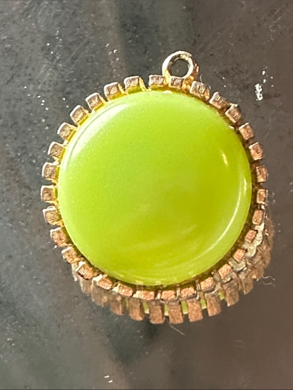 Vintage Mid Century Gold-Trim Lime Green Plastic Cabuchon Round Pendant